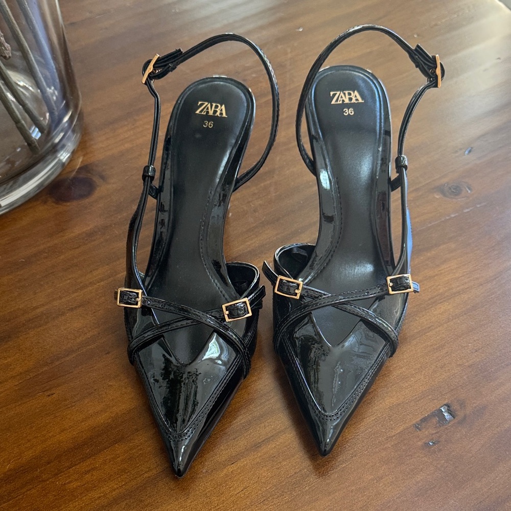 Zara Glossy Black Slingback Heels